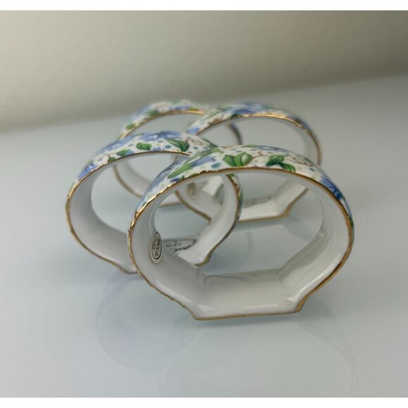 Two's Company Ainsley Chintz Blue Floral Ceramic Porcelain Napkin Rings Set of 4 - Picture 14 of 14